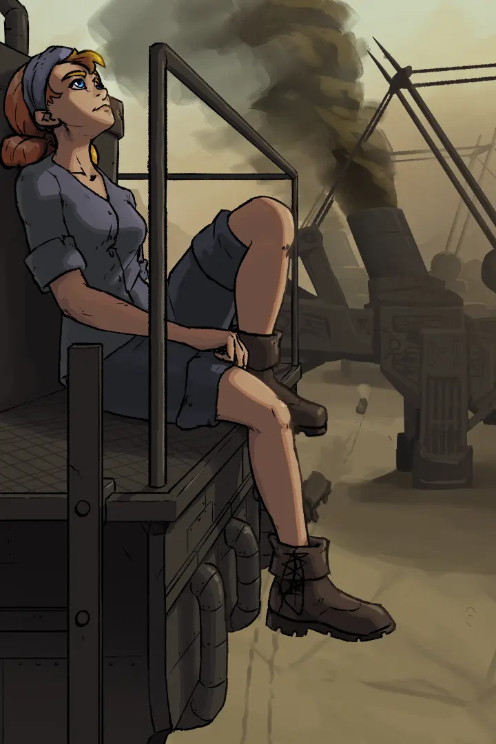 A woman sitting on a large mining machine resting.