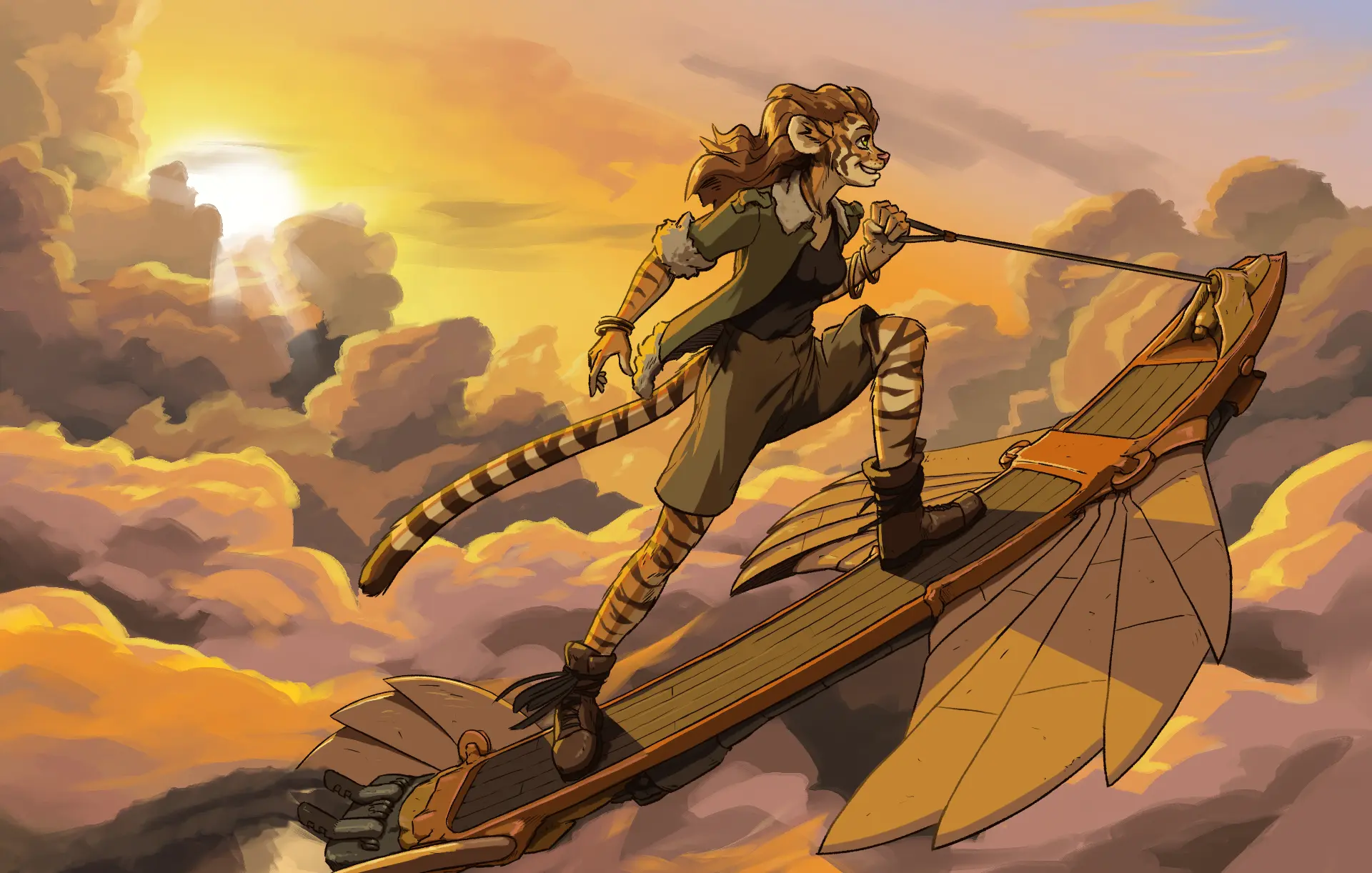 A tiger dyr flying through the clouds on a mechanical surfboard.